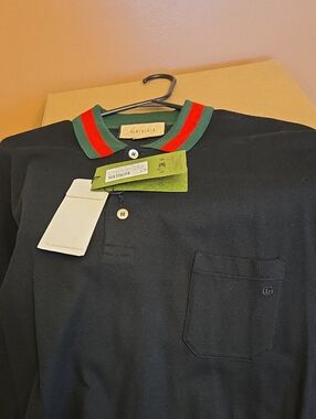 Gucci Black Polo with Green and Red Striped Collar